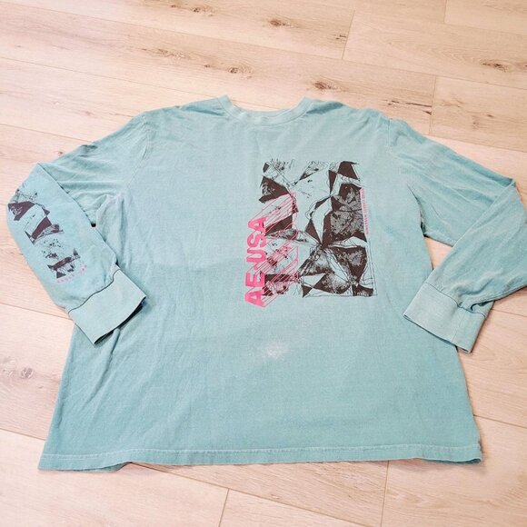 Y2K American Eagle Mens AE Vintage Wash Long-Sleeve Graphic T-Shirt Size XL Teal - Picture 1 of 8